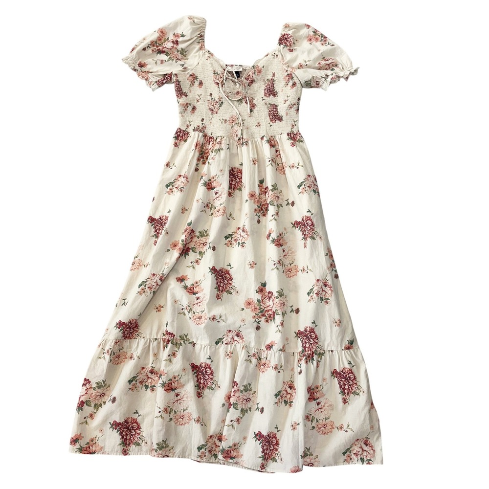 Universal Thread Floral Smocked Puff Sleeve Maxi Dress Cream Cottagecore MEDIUM